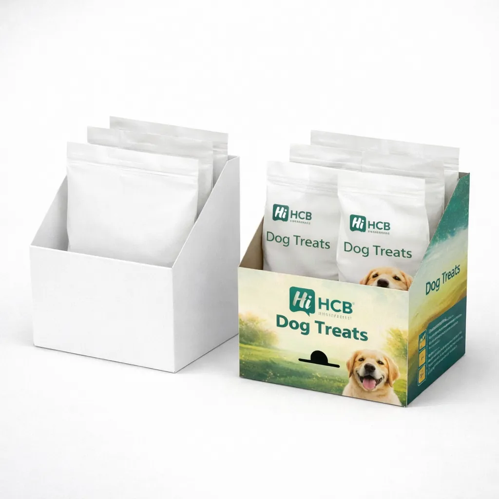 Retail counter display boxes featuring a header with a dog illustration and colourful pet-themed branding. class=